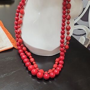 Vintage 2 Necklaces With Geometric Beads Elegant Red Long